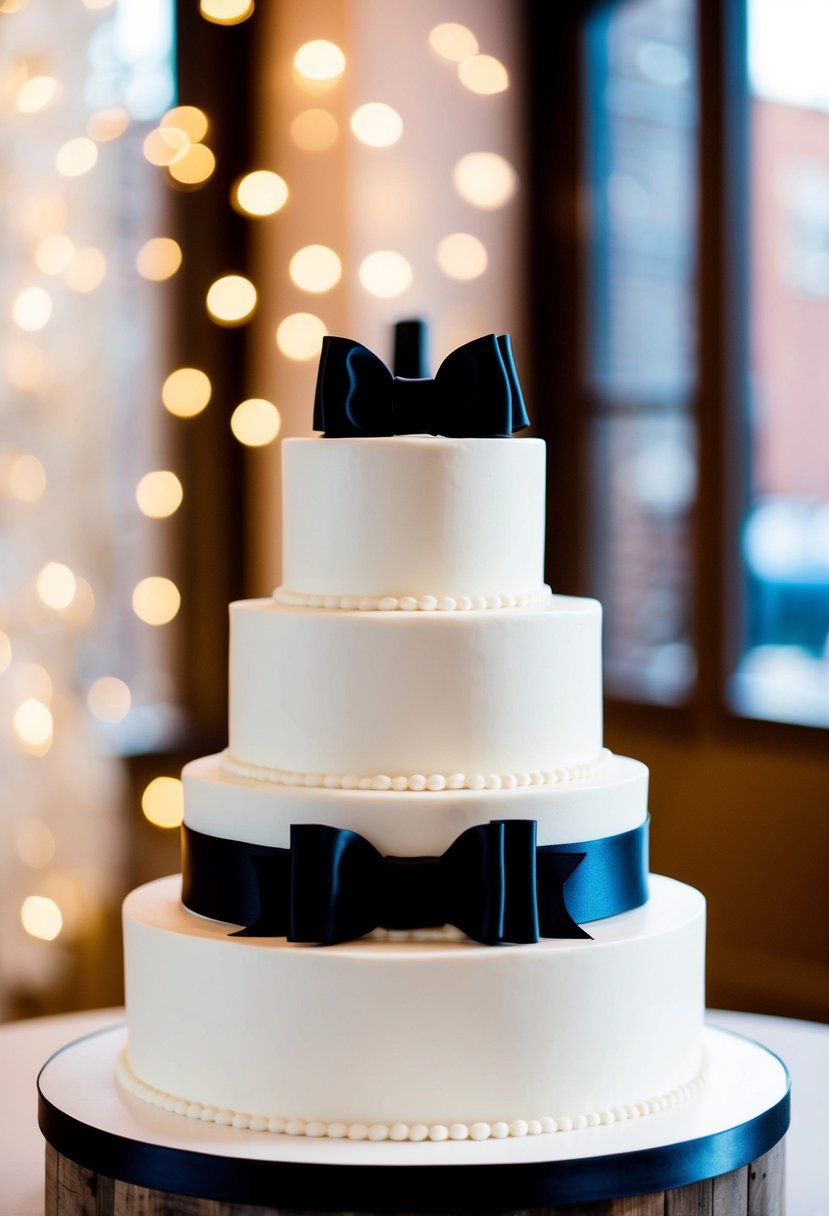 A three-tiered white wedding cake adorned with elegant black satin bows