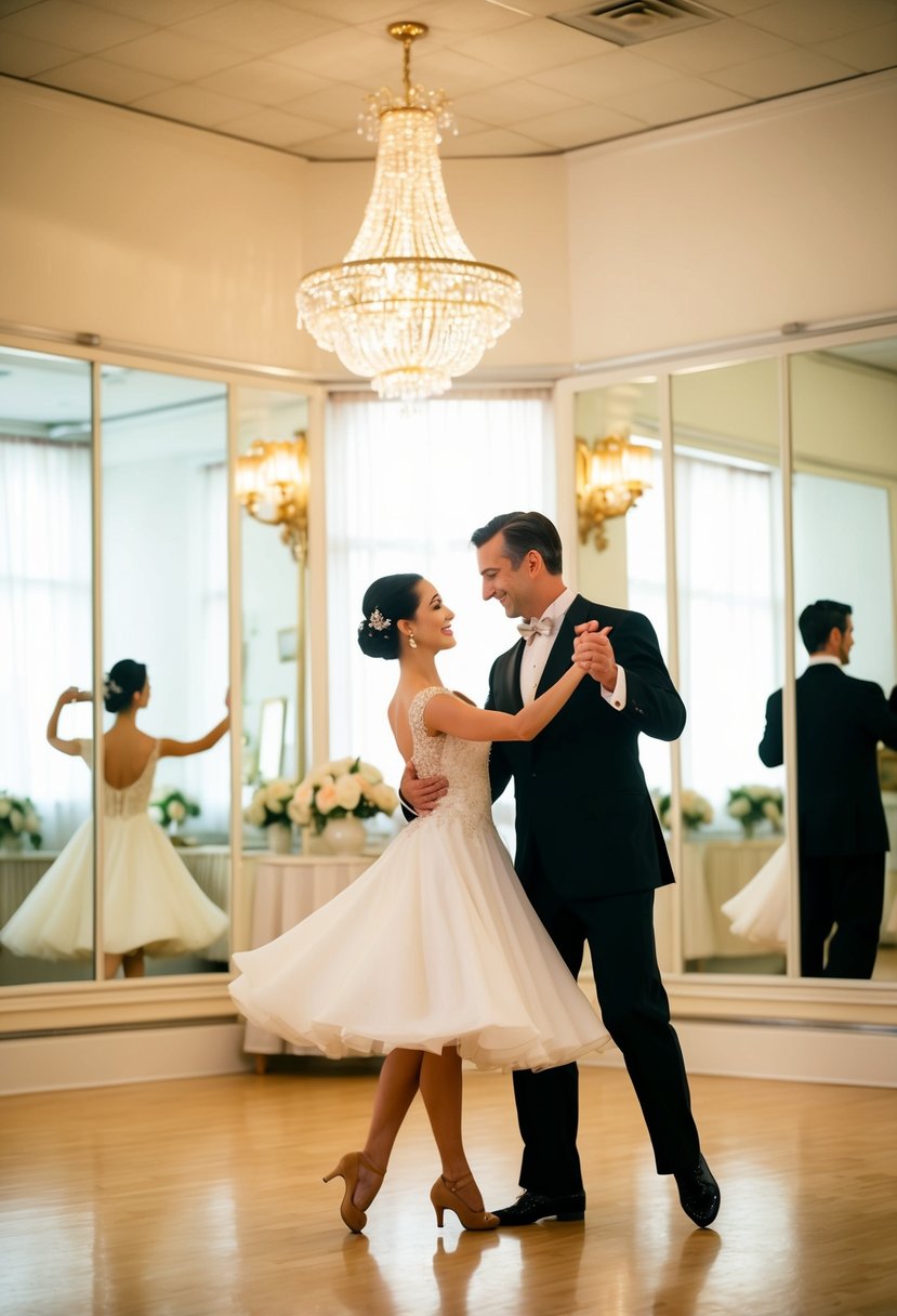 A couple gracefully waltzing in a brightly lit dance studio, surrounded by mirrors and elegant decor