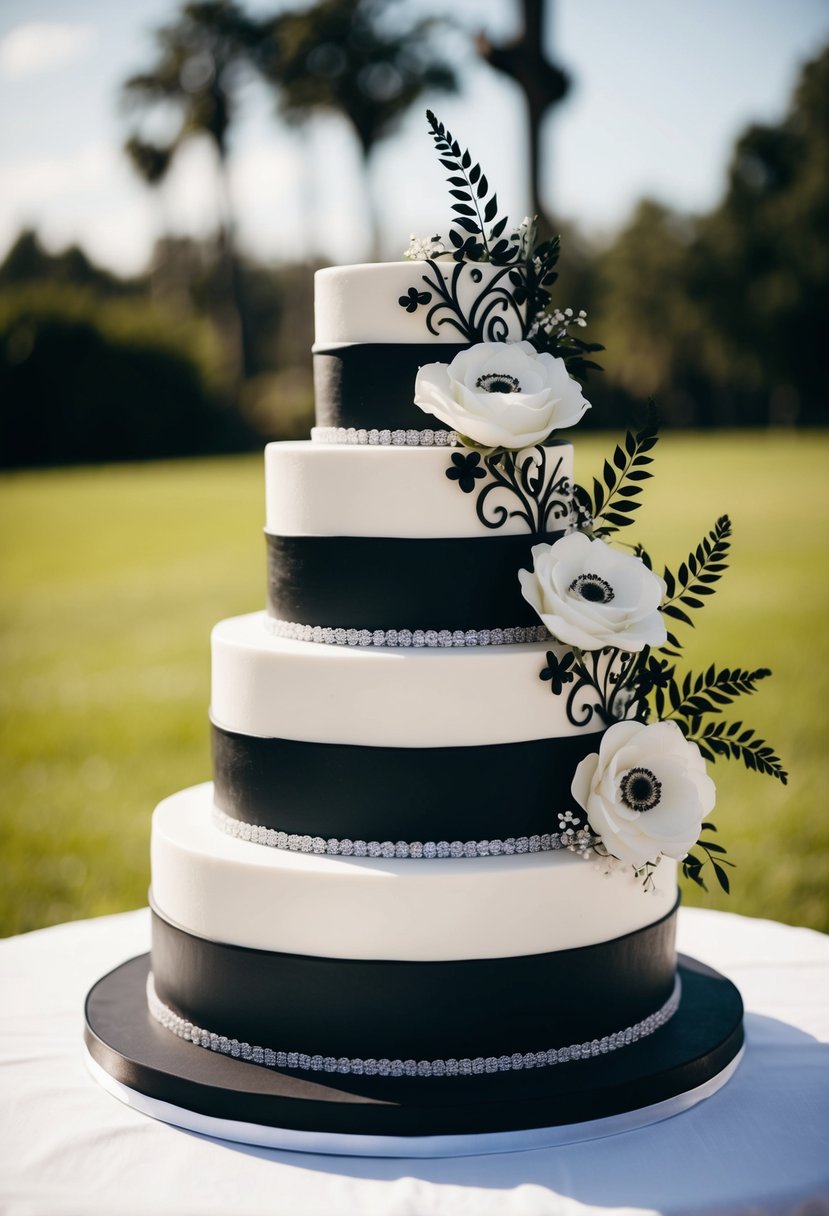 A three-tiered wedding cake with a black base and a white top, adorned with intricate black and white floral designs