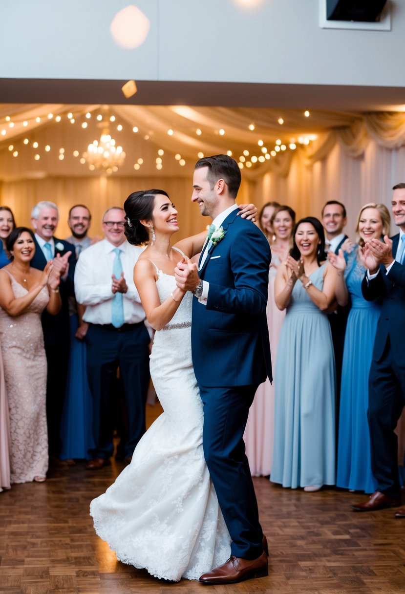 A couple dancing together at their wedding, surrounded by family and friends cheering and clapping