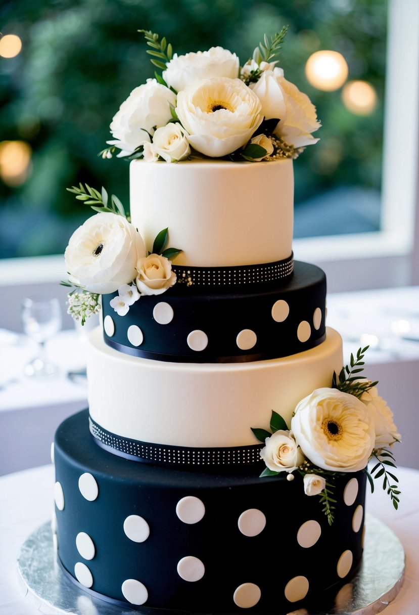 A three-tiered wedding cake with black and white polka dots, adorned with elegant floral decorations