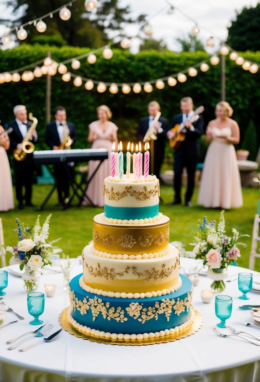 A festive garden party with a vintage flair, featuring a live band, elegant decorations, and a tiered cake adorned with 63 candles