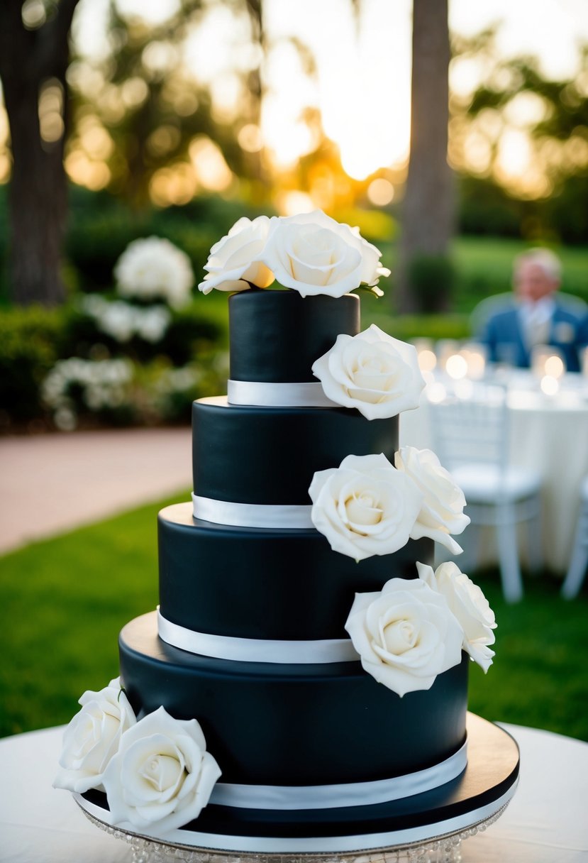 A three-tiered black wedding cake adorned with white sugar roses