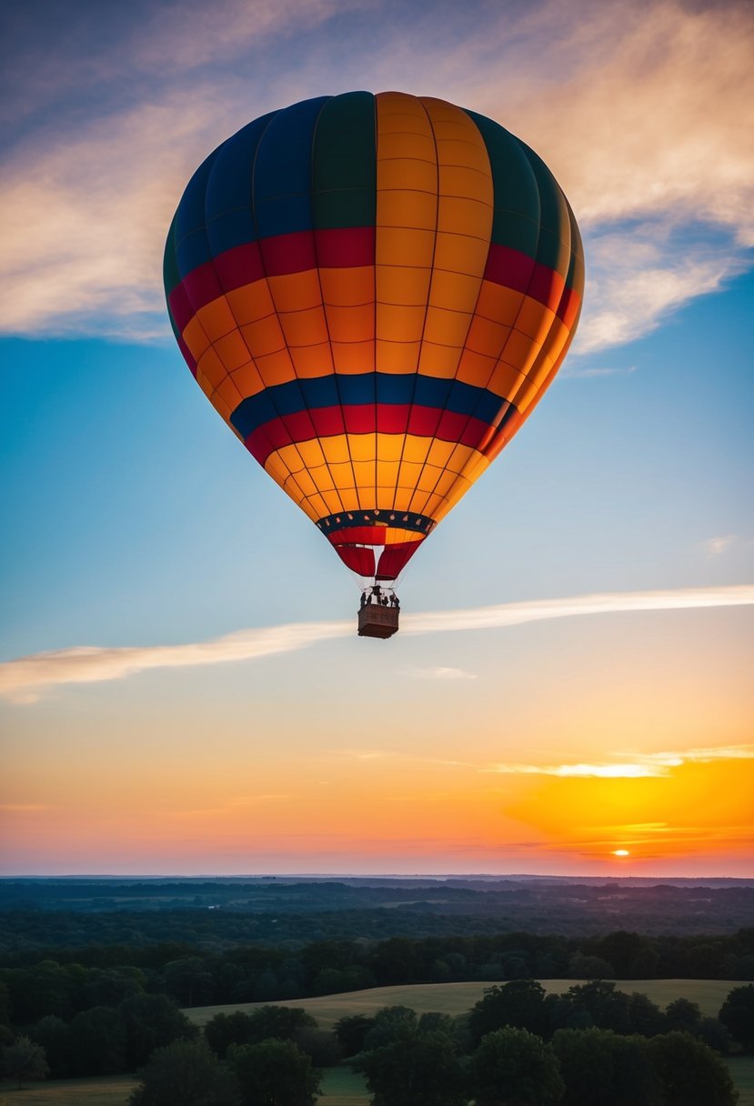 A colorful hot air balloon floats above a serene landscape at sunset, with a couple inside celebrating their 63rd wedding anniversary