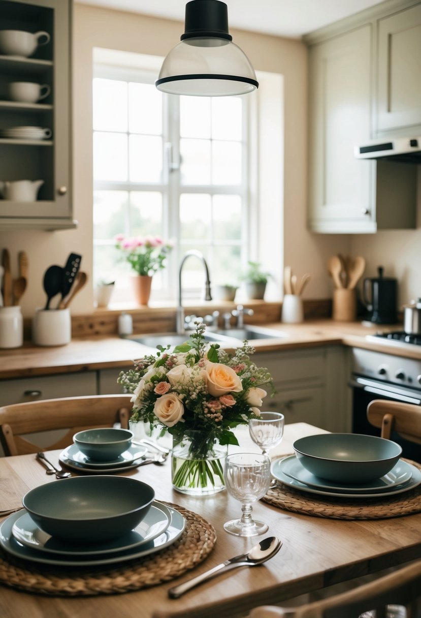 A cozy kitchen with two sets of cooking utensils, a bouquet of flowers, and a beautifully set table for two