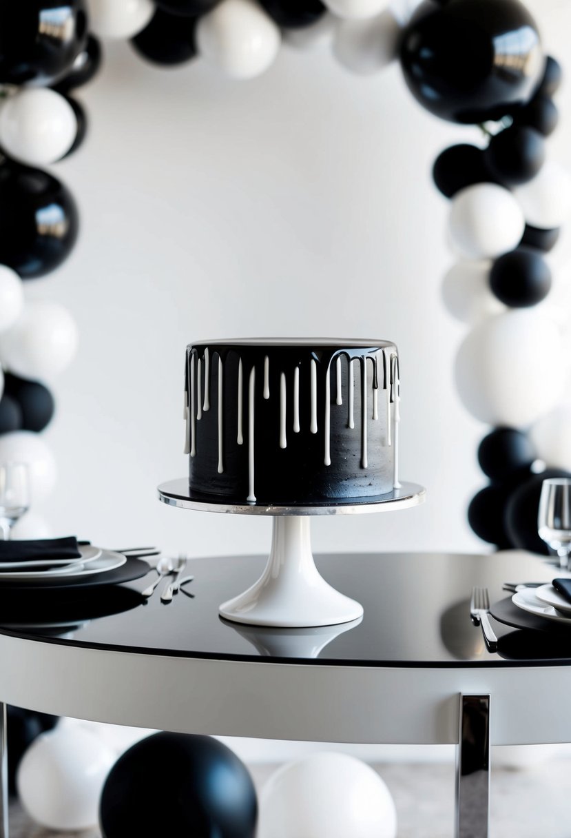 A modern black cake with white drip icing stands on a sleek, minimalist table, surrounded by elegant black and white wedding decor