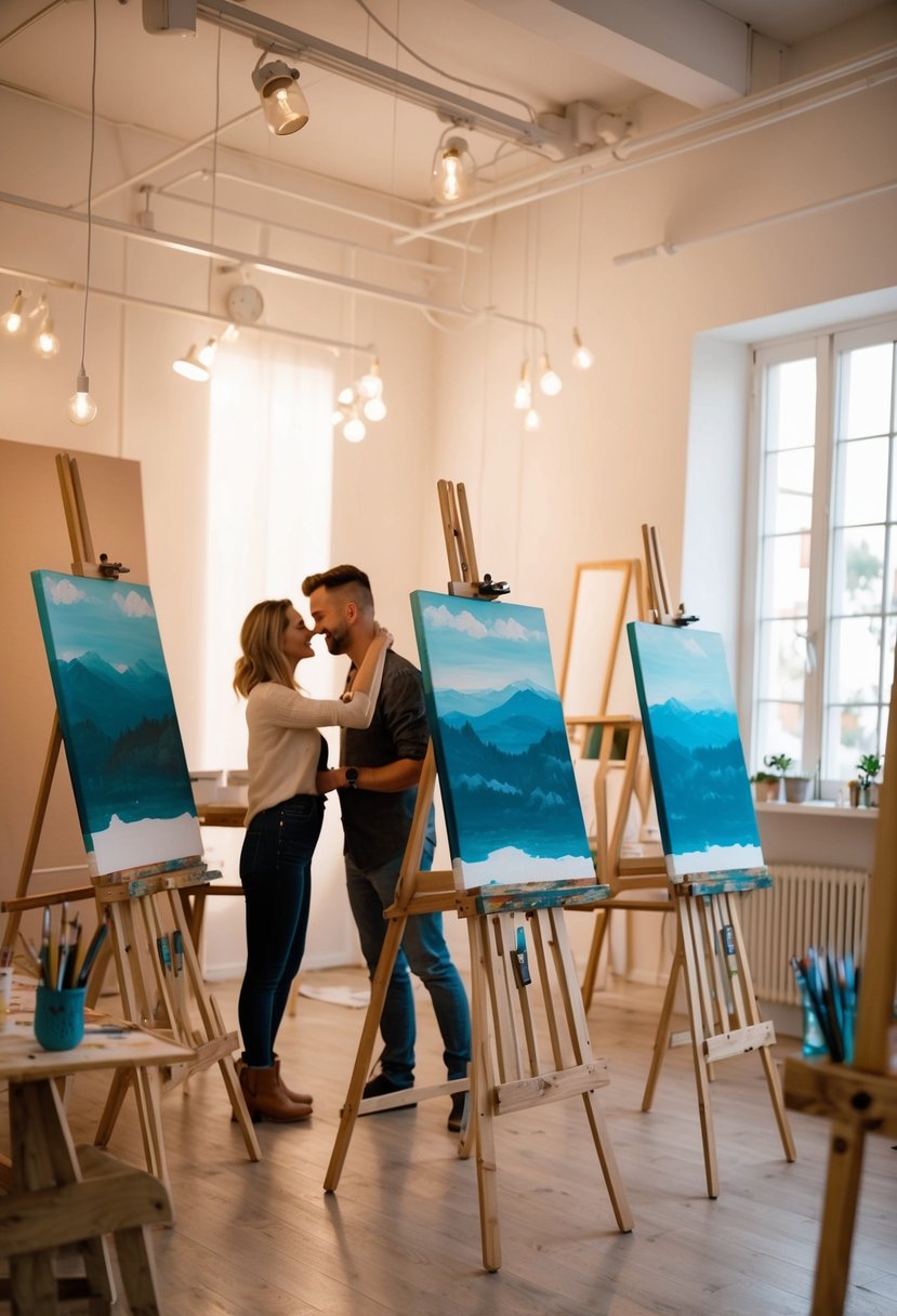 A cozy art studio with easels, paintbrushes, and canvases set up for a couples painting class. Soft lighting and romantic ambiance