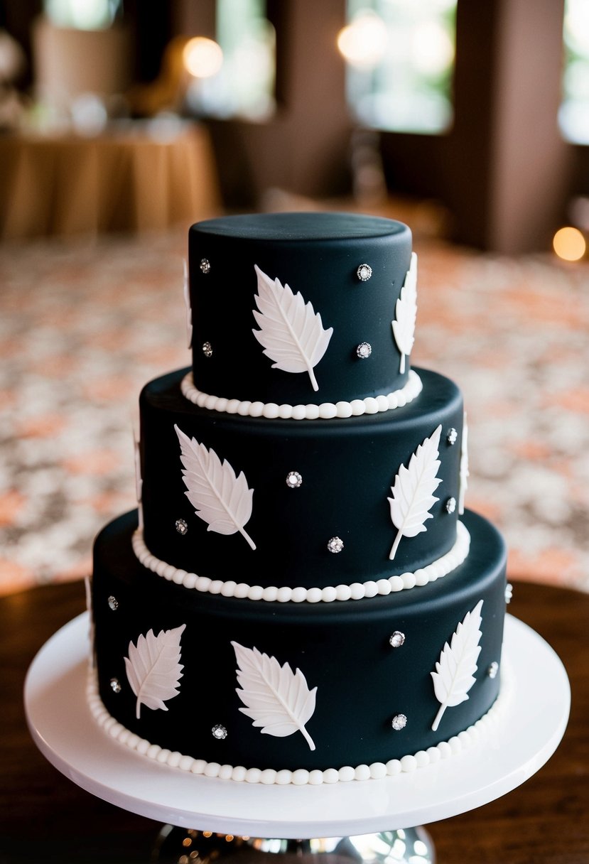 A black wedding cake adorned with delicate white leaf motifs