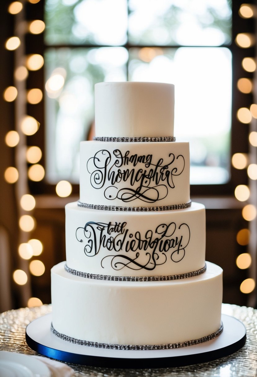 A simple white wedding cake with elegant black calligraphy