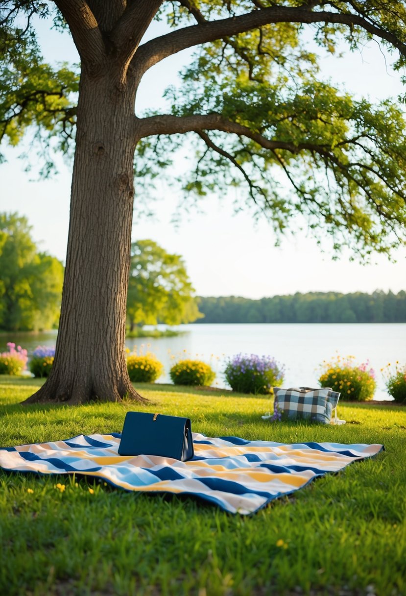 A picnic blanket spread under a tall oak tree, surrounded by colorful flowers and a serene lake in the background