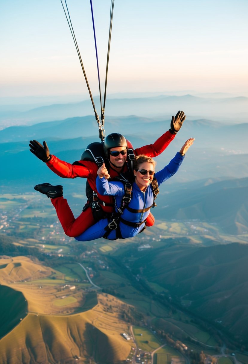 A couple tandem skydiving over a scenic landscape