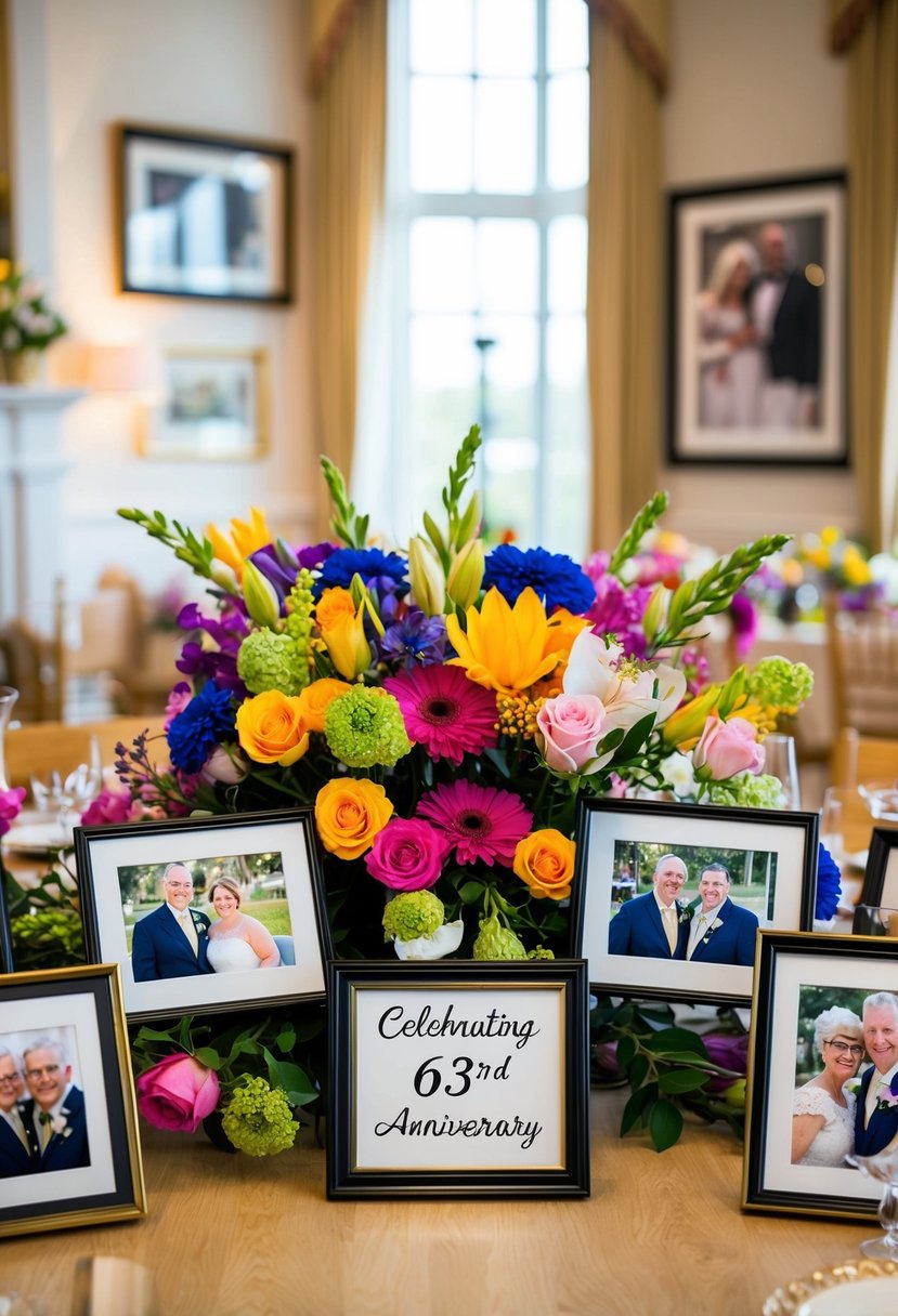 A room adorned with vibrant flowers and framed photos, celebrating a 63rd wedding anniversary