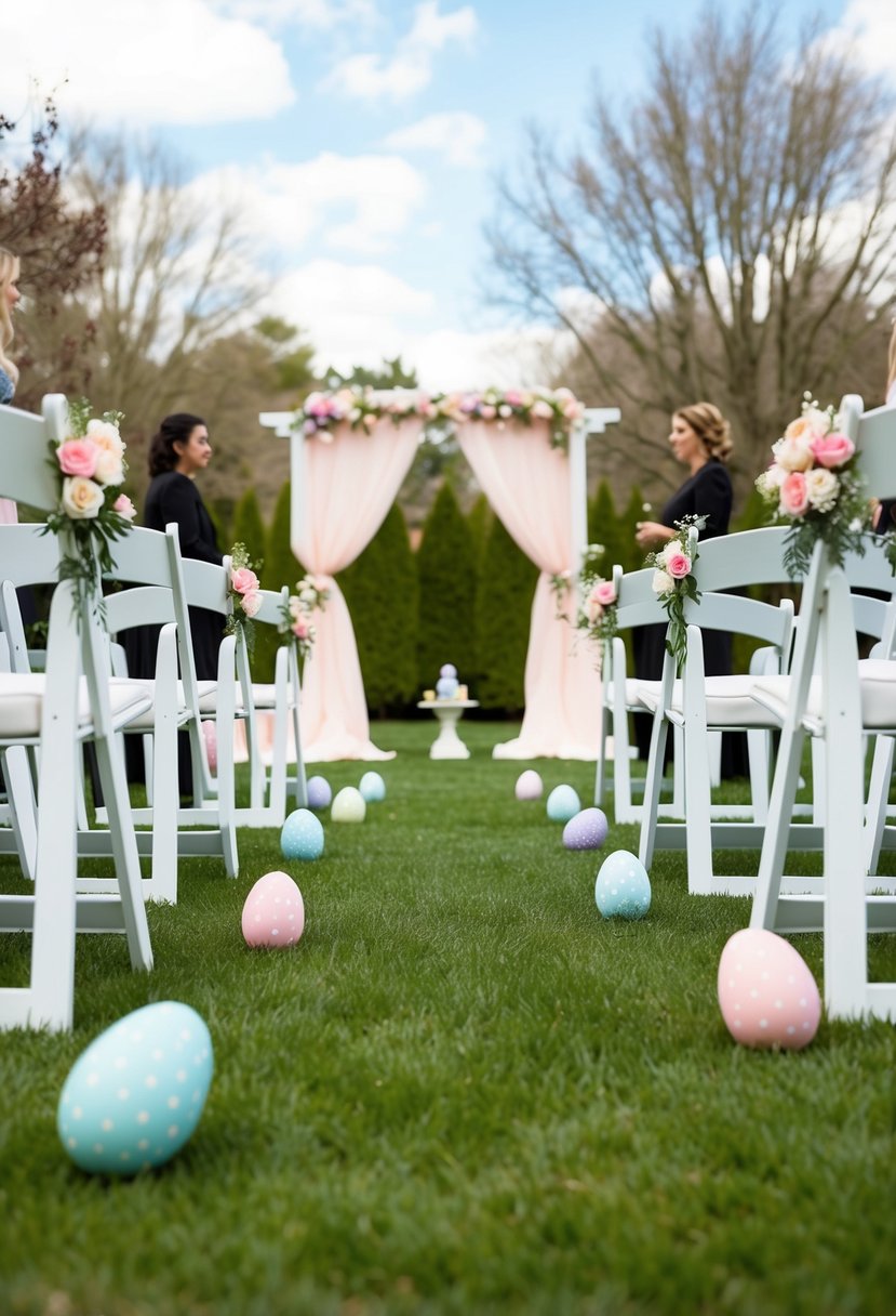 An outdoor wedding ceremony with pastel-colored flowers, a decorated arch, and Easter eggs scattered around the venue