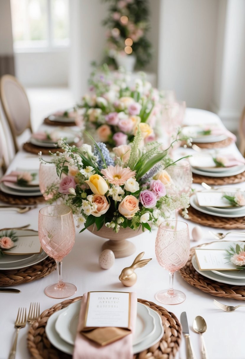 A table adorned with pastel flower arrangements, set for an Easter wedding celebration