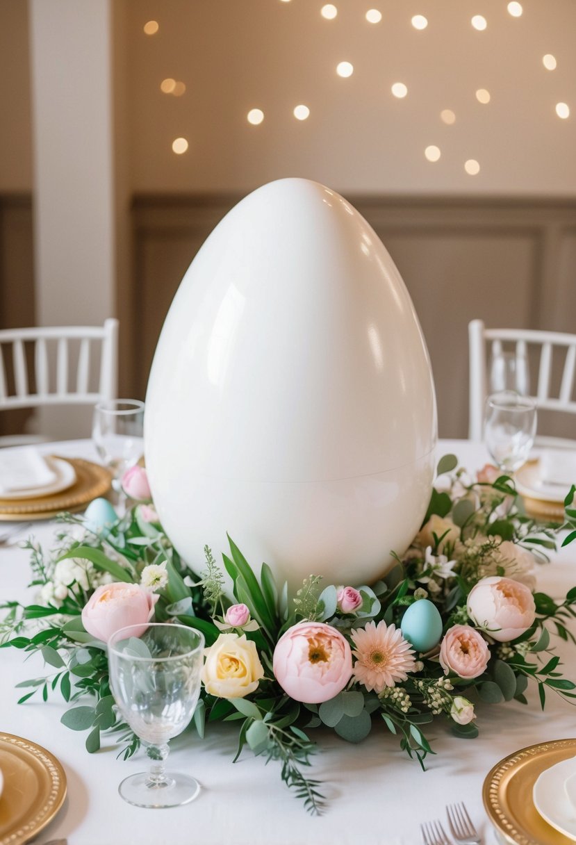 A large Easter egg centerpiece surrounded by pastel flowers and delicate greenery, set on a beautifully decorated wedding table