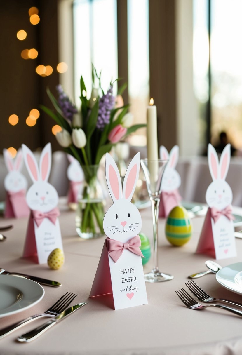 A table set with bunny-themed place cards for an Easter wedding