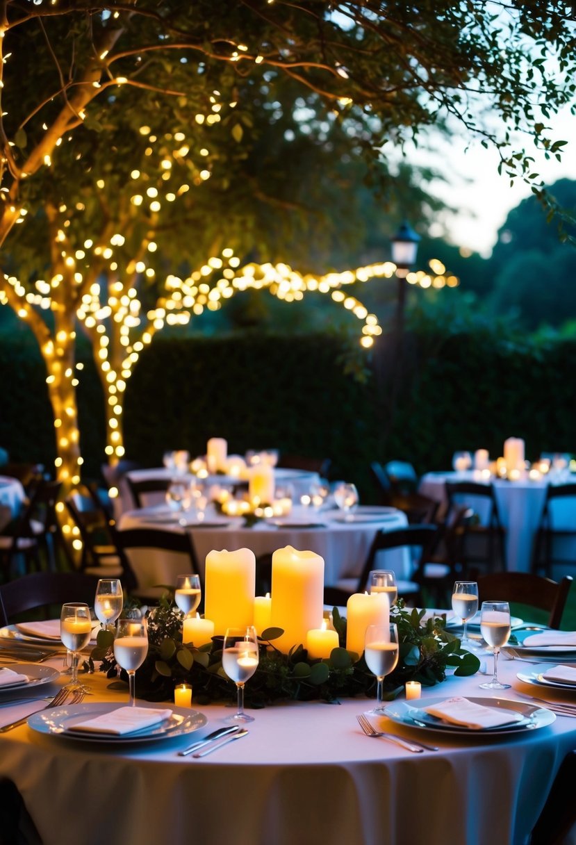 Soft candlelight illuminates an outdoor wedding reception, casting a warm and romantic glow over the tables and surrounding greenery. Fairy lights twinkle in the trees, adding a magical touch to the evening celebration