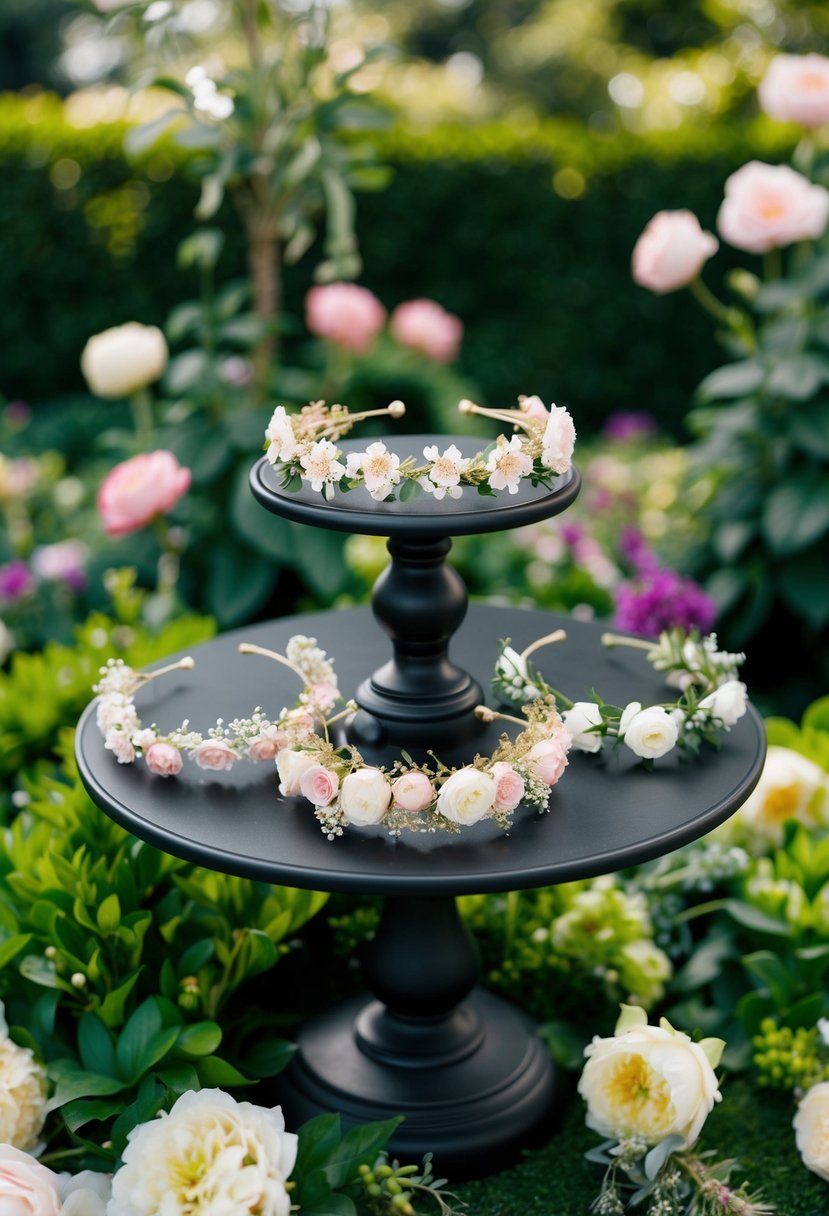 A lush garden setting with blooming flowers and greenery, showcasing a collection of delicate floral crowns for a bridal party