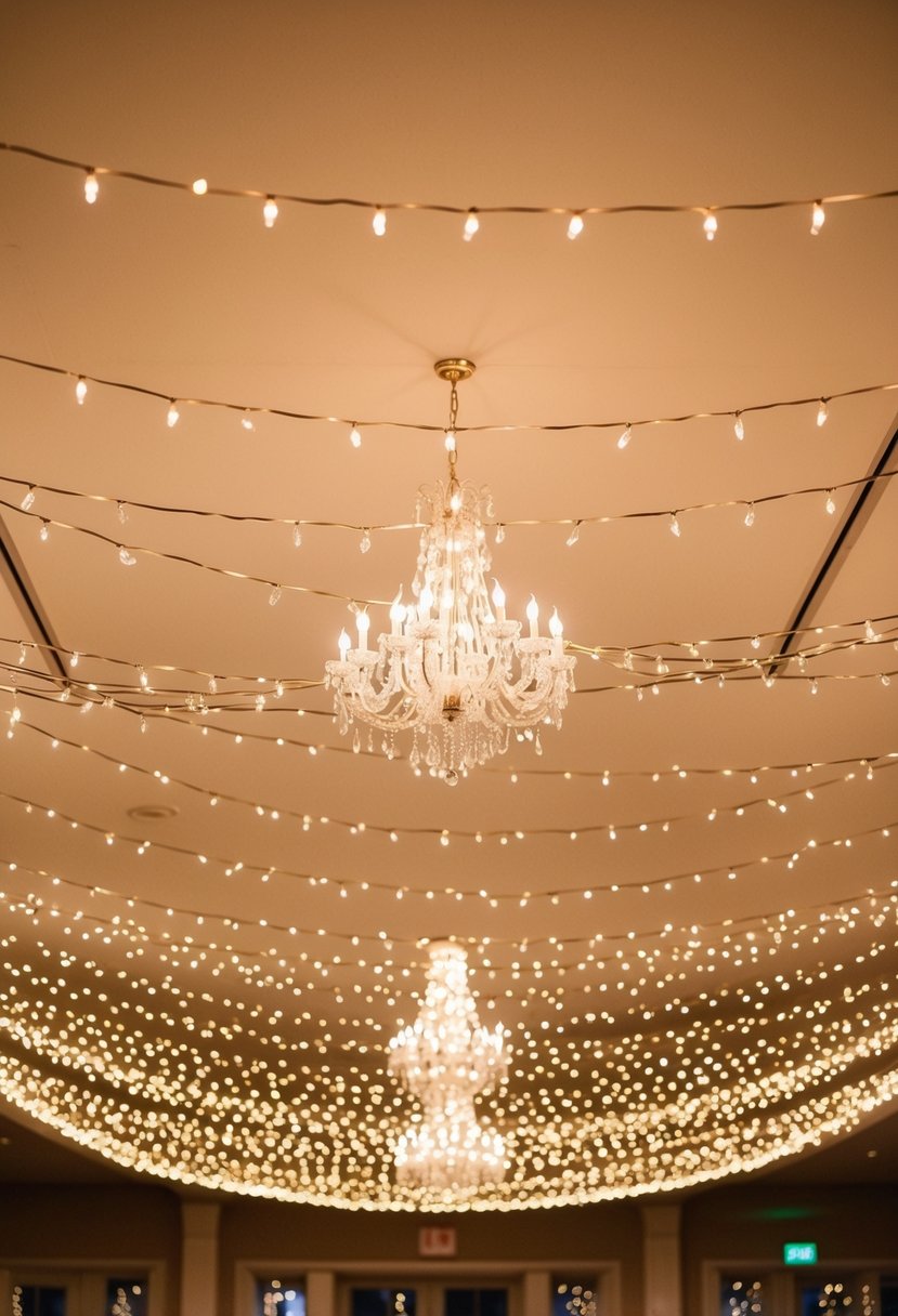 A ceiling adorned with twinkling fairy lights, casting a warm and magical glow over a wedding reception