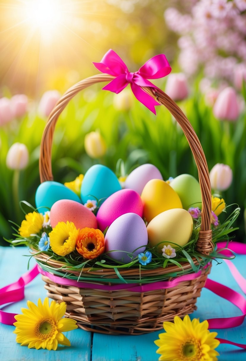 A vibrant Easter basket filled with colorful eggs, flowers, and ribbons, set against a backdrop of springtime foliage and sunshine