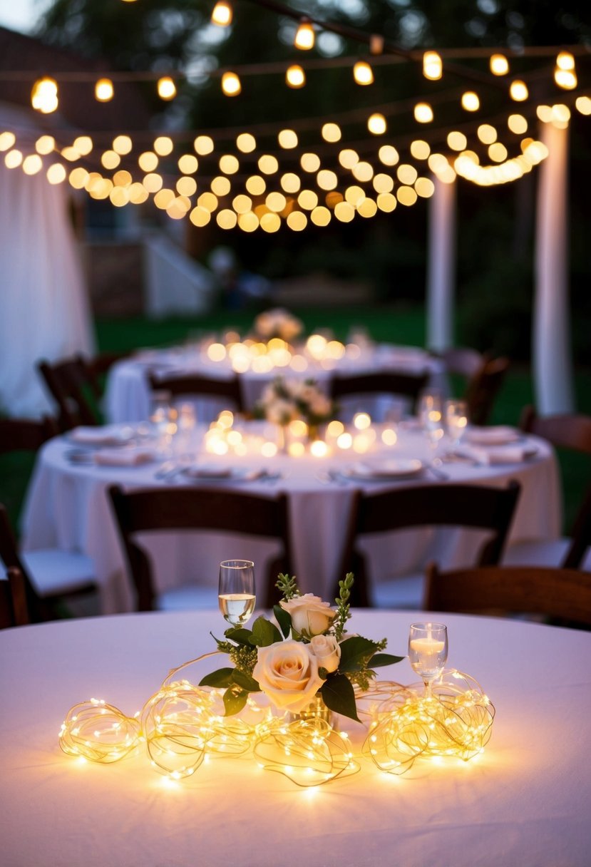 Dainty string lights adorn tables, casting a warm glow for a romantic wedding ambiance