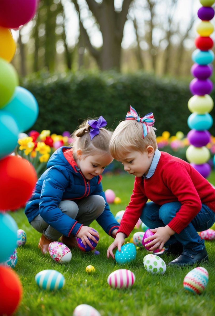 Children searching for hidden Easter eggs in a garden filled with colorful flowers and decorated with festive ribbons and bows