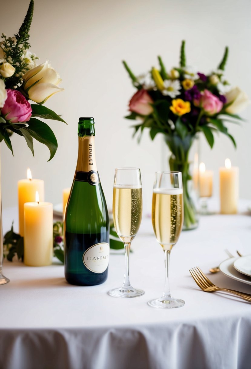 A table set with a white tablecloth, adorned with flowers and candles. Two champagne glasses and a bottle of champagne sit in the center