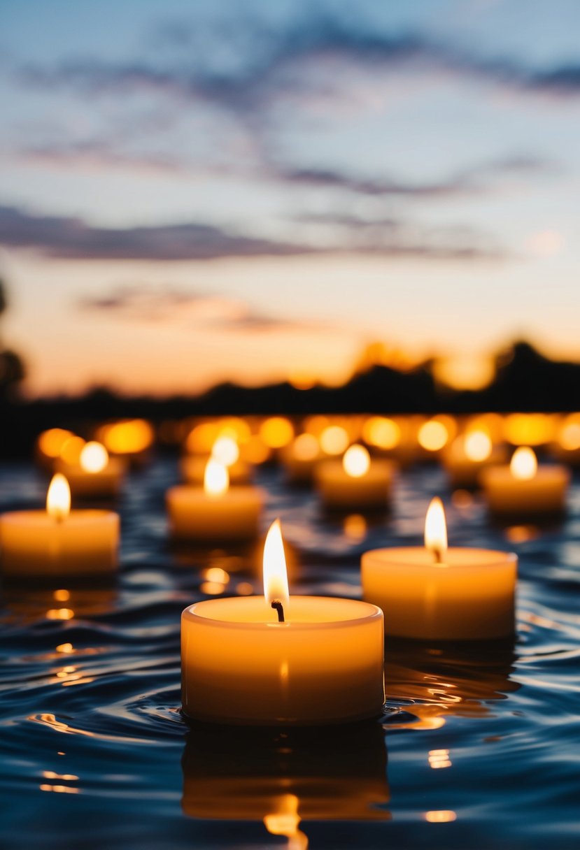 Glowing candles hover above water, casting a warm, flickering light on the surrounding space, creating an enchanting and romantic ambiance