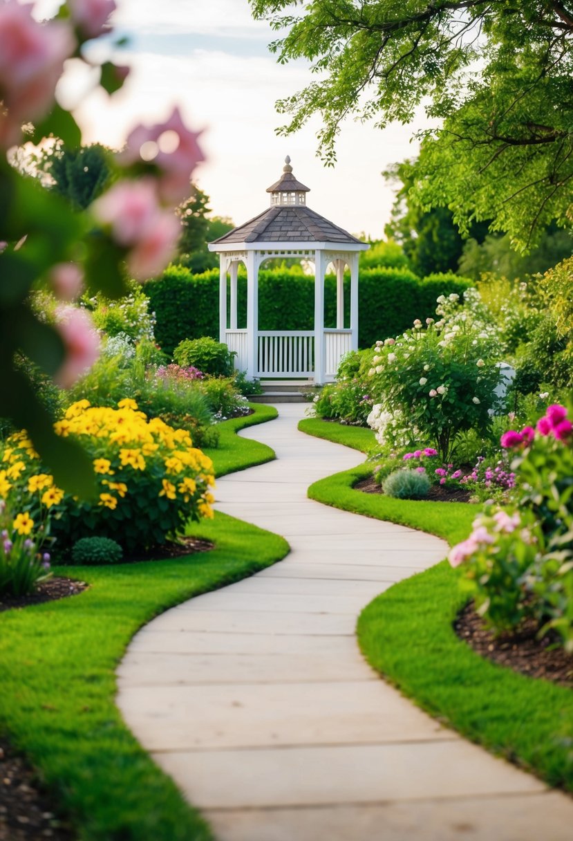 A serene garden with a winding path, blooming flowers, and a charming gazebo at the center