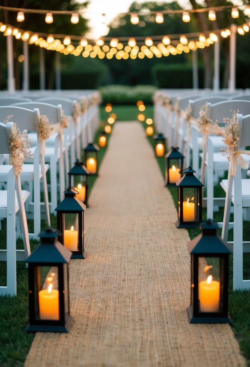 The aisle is lined with lanterns, casting a warm glow on the path