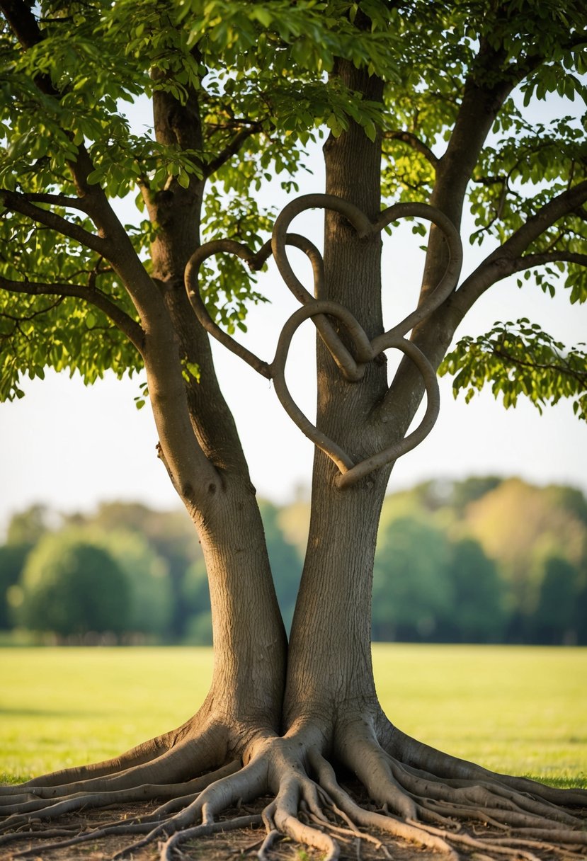 A mature tree with heart-shaped leaves grows from the intertwining roots of two smaller trees, symbolizing the enduring love of a 44th wedding anniversary