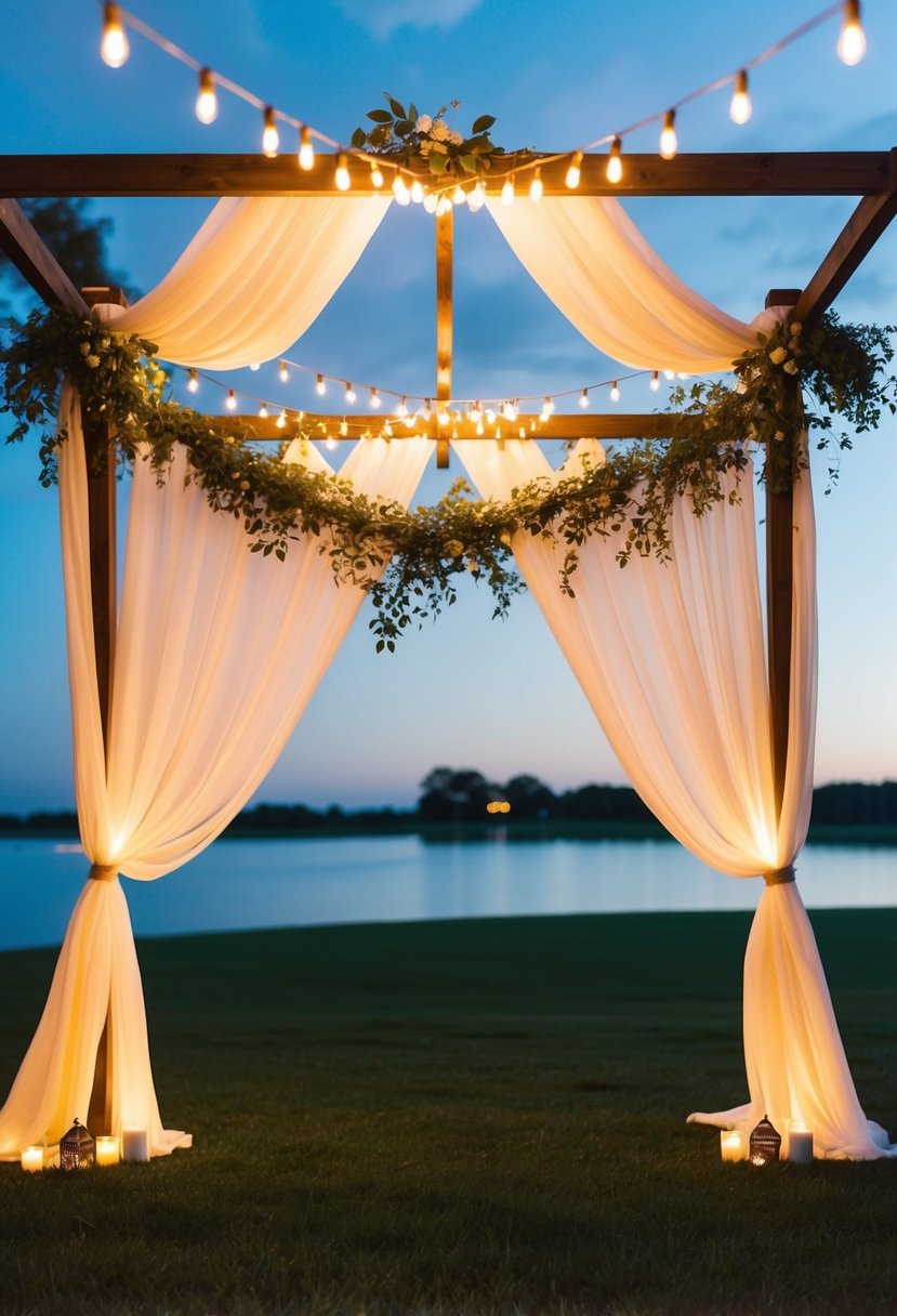 String lights intertwined with flowing drapery creating a romantic and whimsical ambiance for a wedding celebration