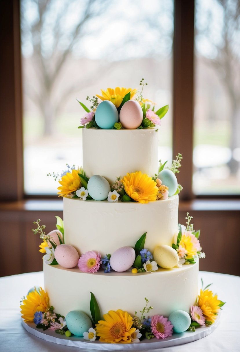 A three-tiered wedding cake adorned with colorful spring flowers and delicate pastel-colored eggs