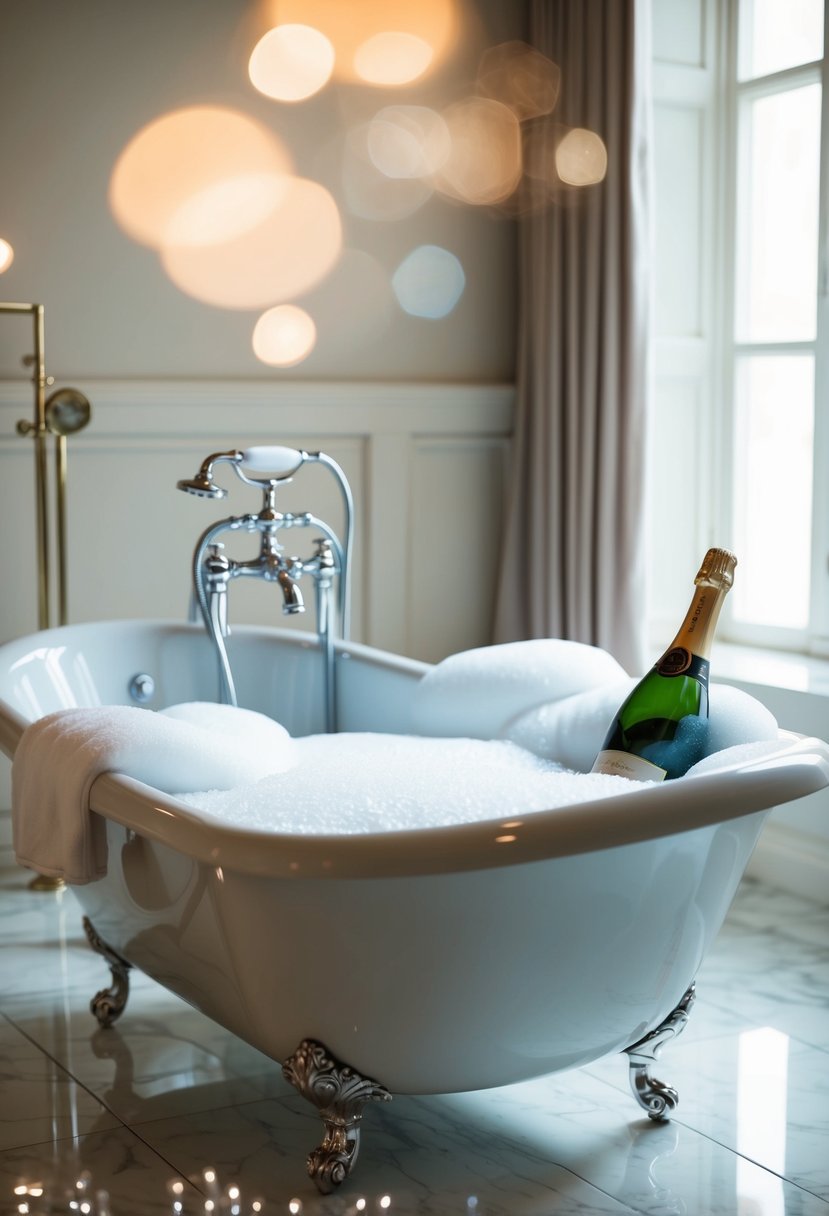 A luxurious bubble bath with a bottle of champagne on the side