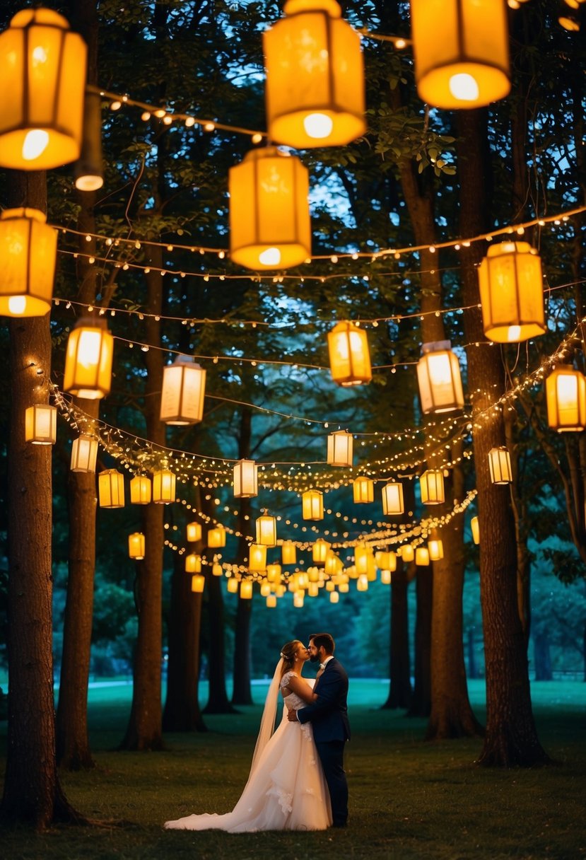 The forest is aglow with the warm light of hanging lanterns, casting a romantic and magical atmosphere for a wedding celebration. The soft glow illuminates the trees, creating a dreamy and enchanting setting for the event