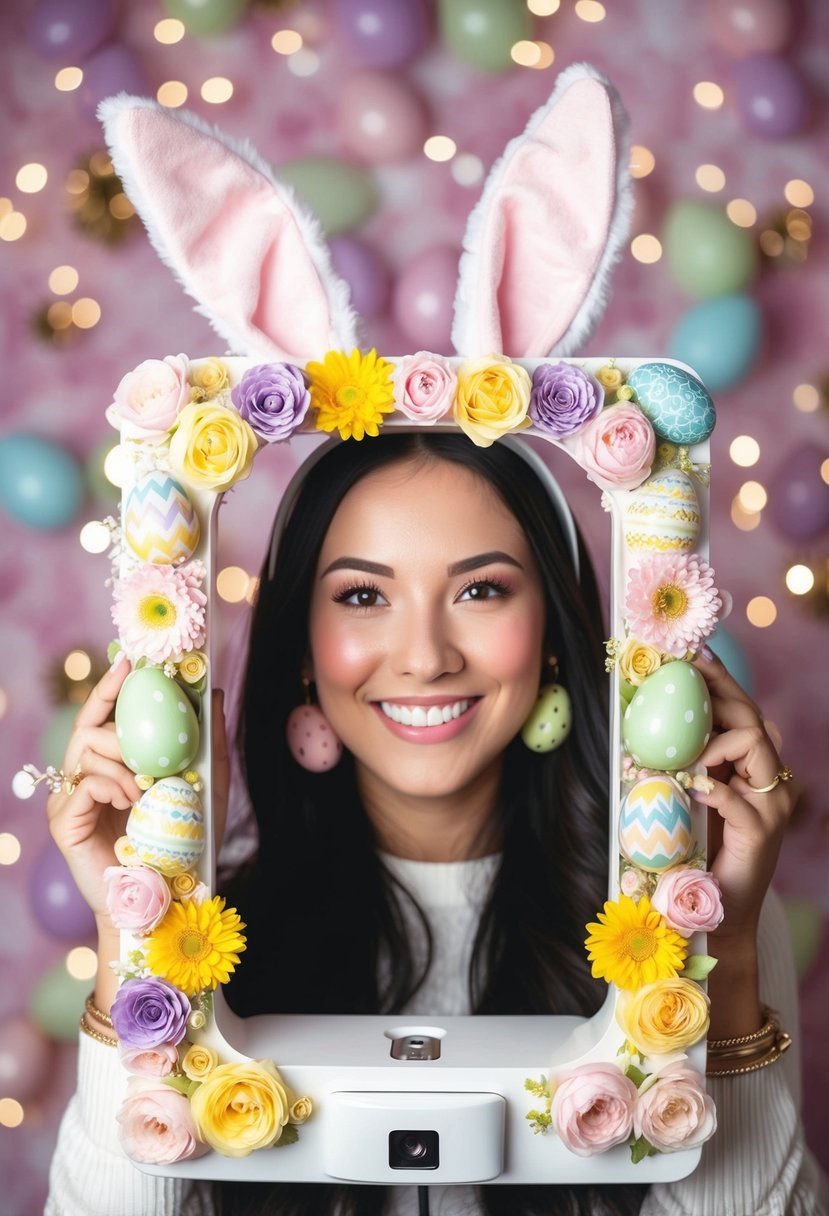 An Easter-themed photo booth with pastel-colored flowers, bunny ears, and decorated eggs