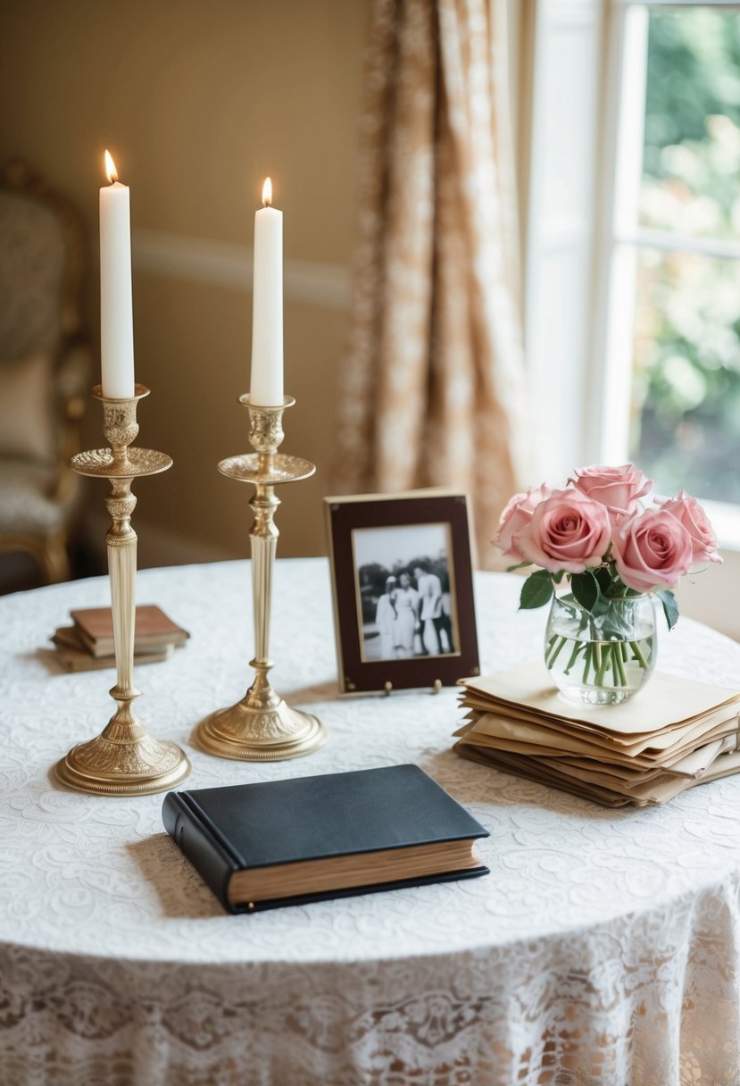 A table set with a lace tablecloth, candlesticks, and a vase of roses. A photo album and a stack of old love letters sit nearby