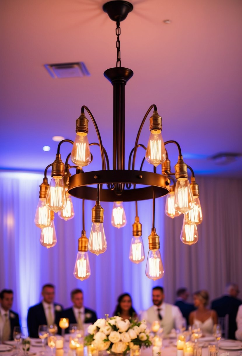 An Edison bulb chandelier hangs above a wedding reception, casting warm, ambient light over the celebration