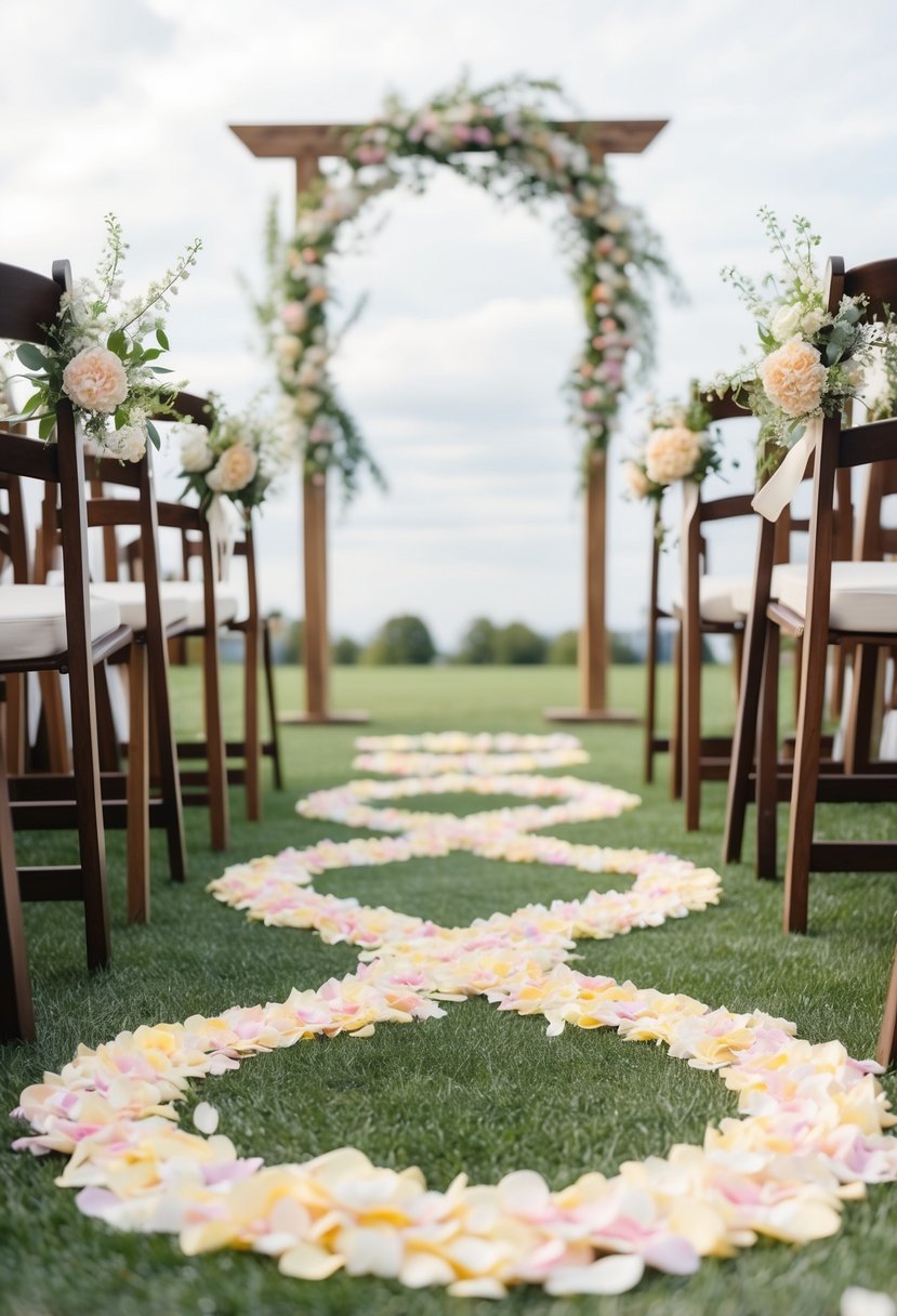 A flower petal aisle decor with pastel-colored petals arranged in a swirling pattern, leading to a rustic wooden arch adorned with delicate spring blooms