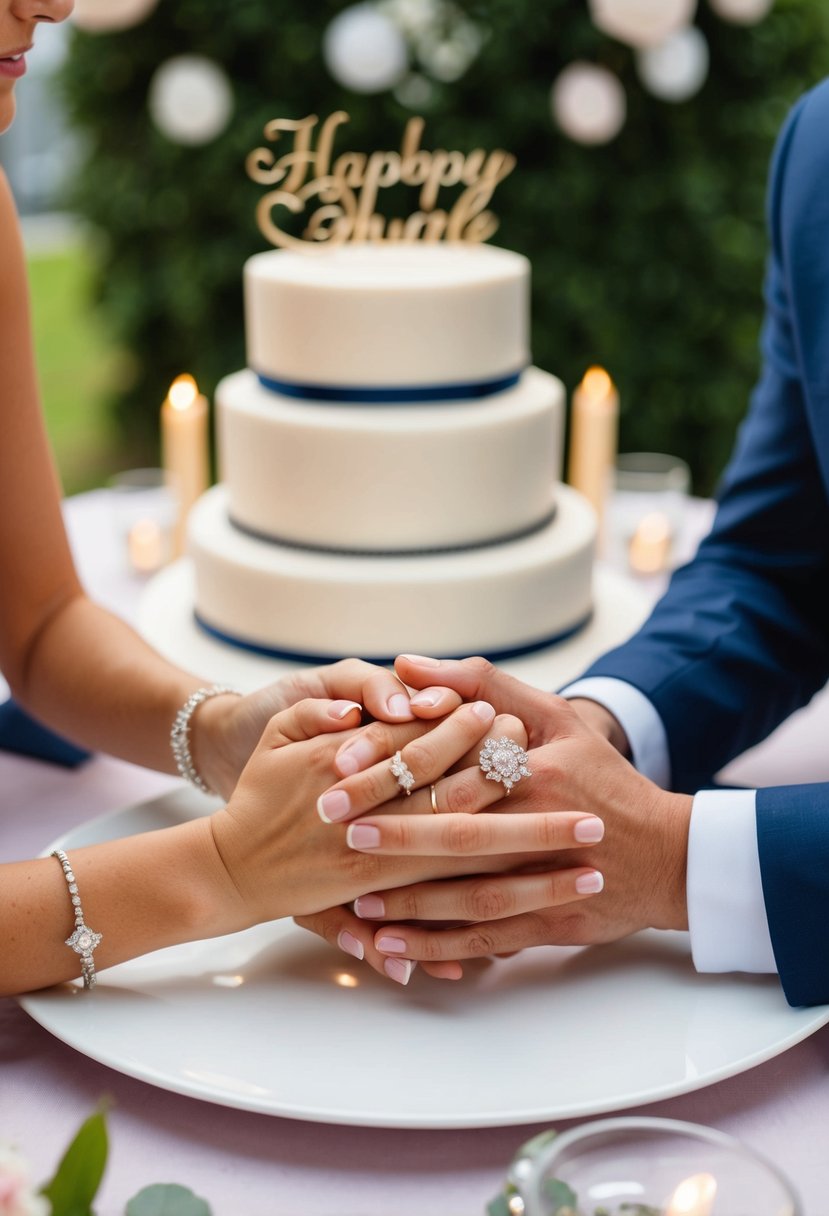 A couple's hands clasping wedding rings on a table with a cake and anniversary decorations