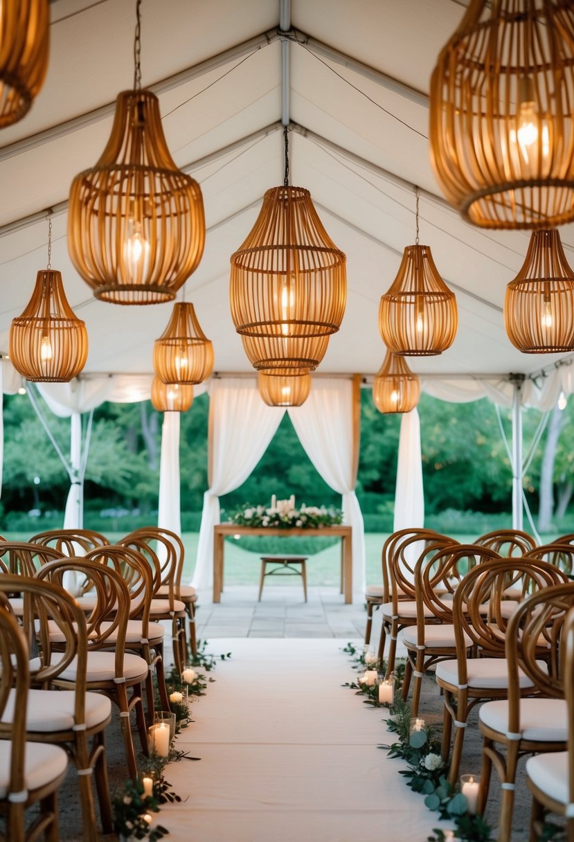 A serene outdoor wedding scene with rattan chandeliers hanging from a canopy, casting warm and romantic lighting over the ceremony area