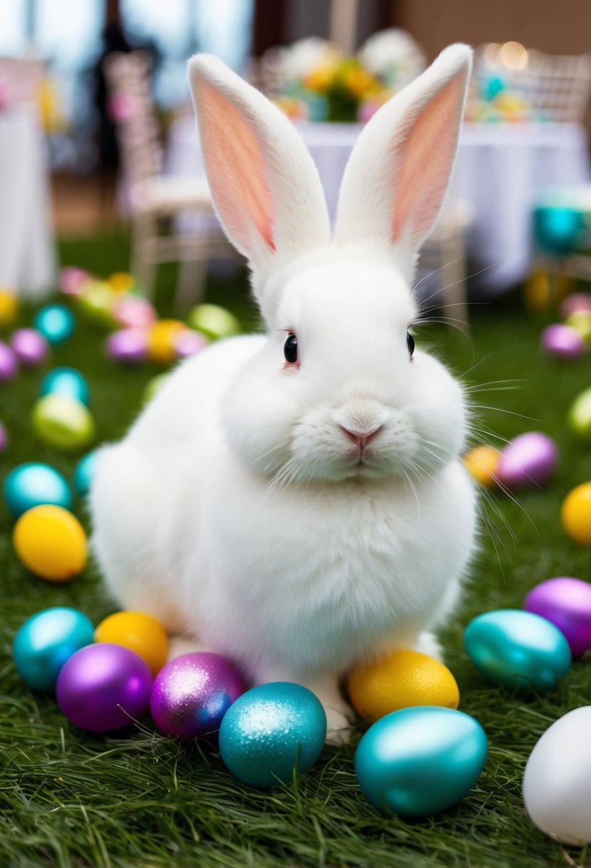 A fluffy white bunny surrounded by colorful Easter decorations at a wedding venue