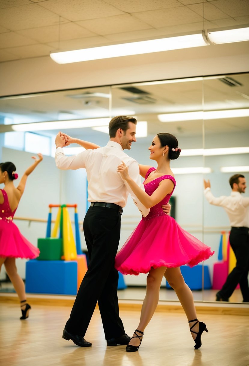 A couple gracefully waltzing in a brightly lit dance studio, surrounded by mirrors and colorful dance props