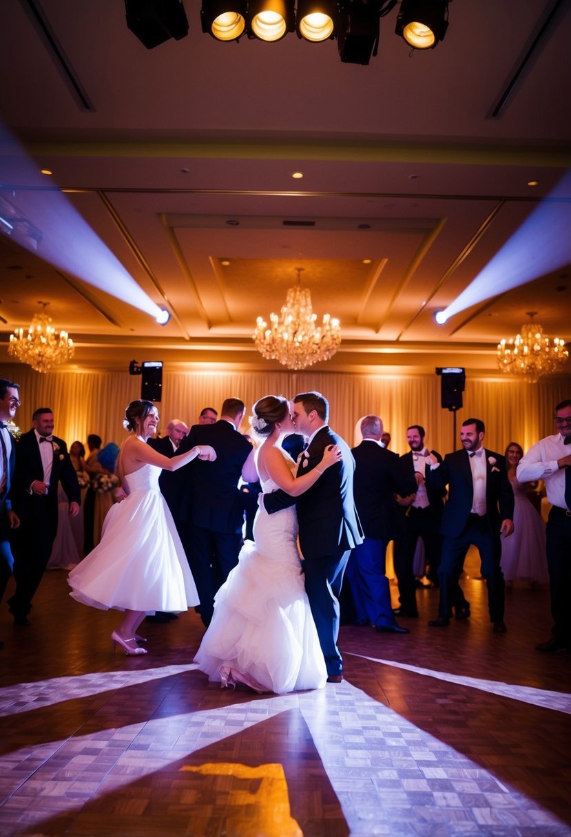 The dance floor is bathed in a warm glow from the spotlights, creating a captivating and inviting atmosphere for wedding guests to dance the night away