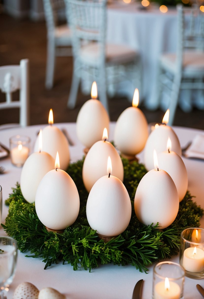 Egg shell candle holders arranged for an Easter wedding centerpiece