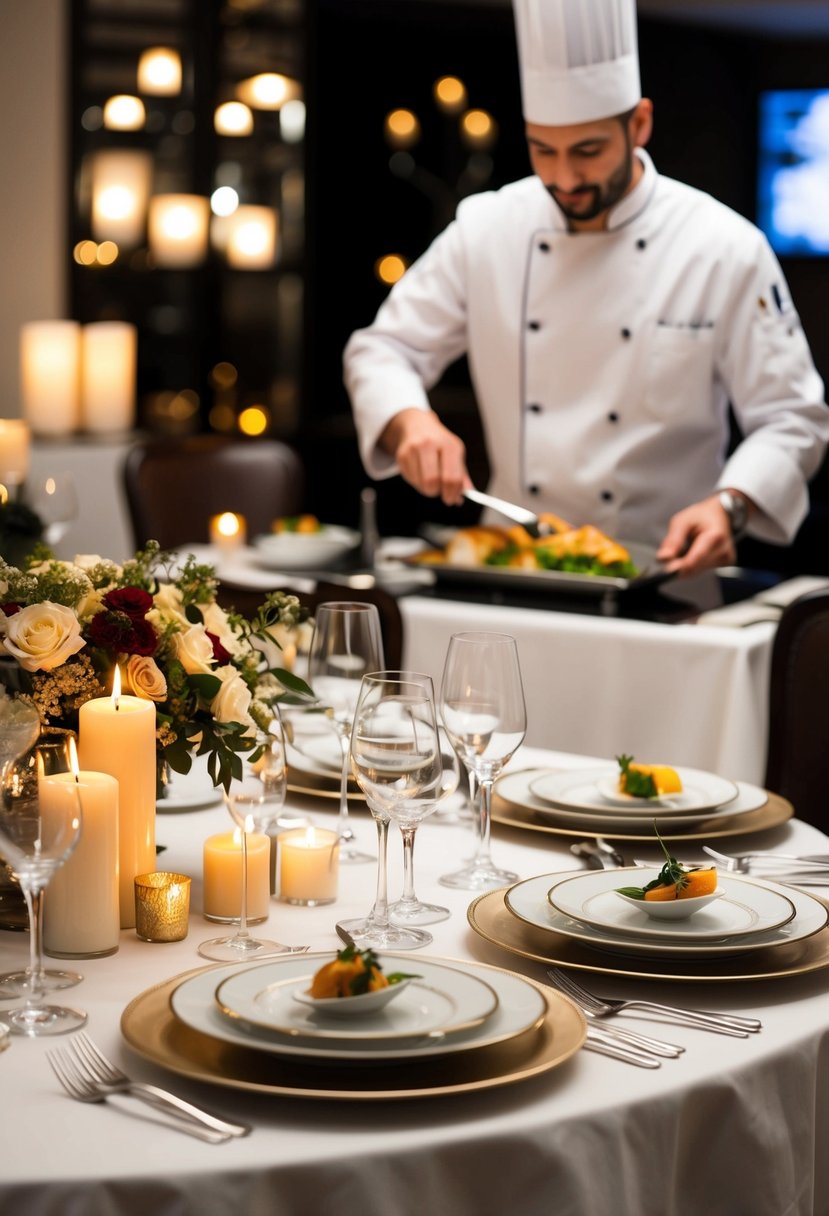 A beautifully set dining table with elegant dinnerware and a candlelit centerpiece, with a private chef preparing a gourmet meal in the background