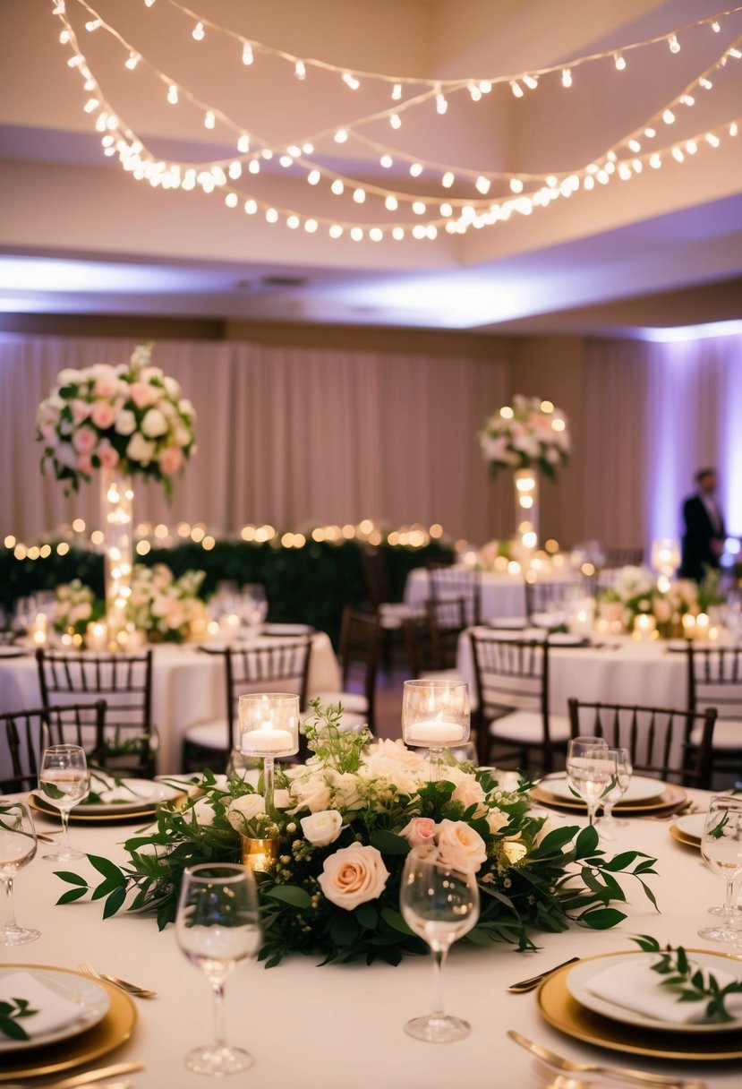 Mini string lights are delicately wrapped around lush floral centerpieces, casting a warm and romantic glow over the elegant wedding reception tables