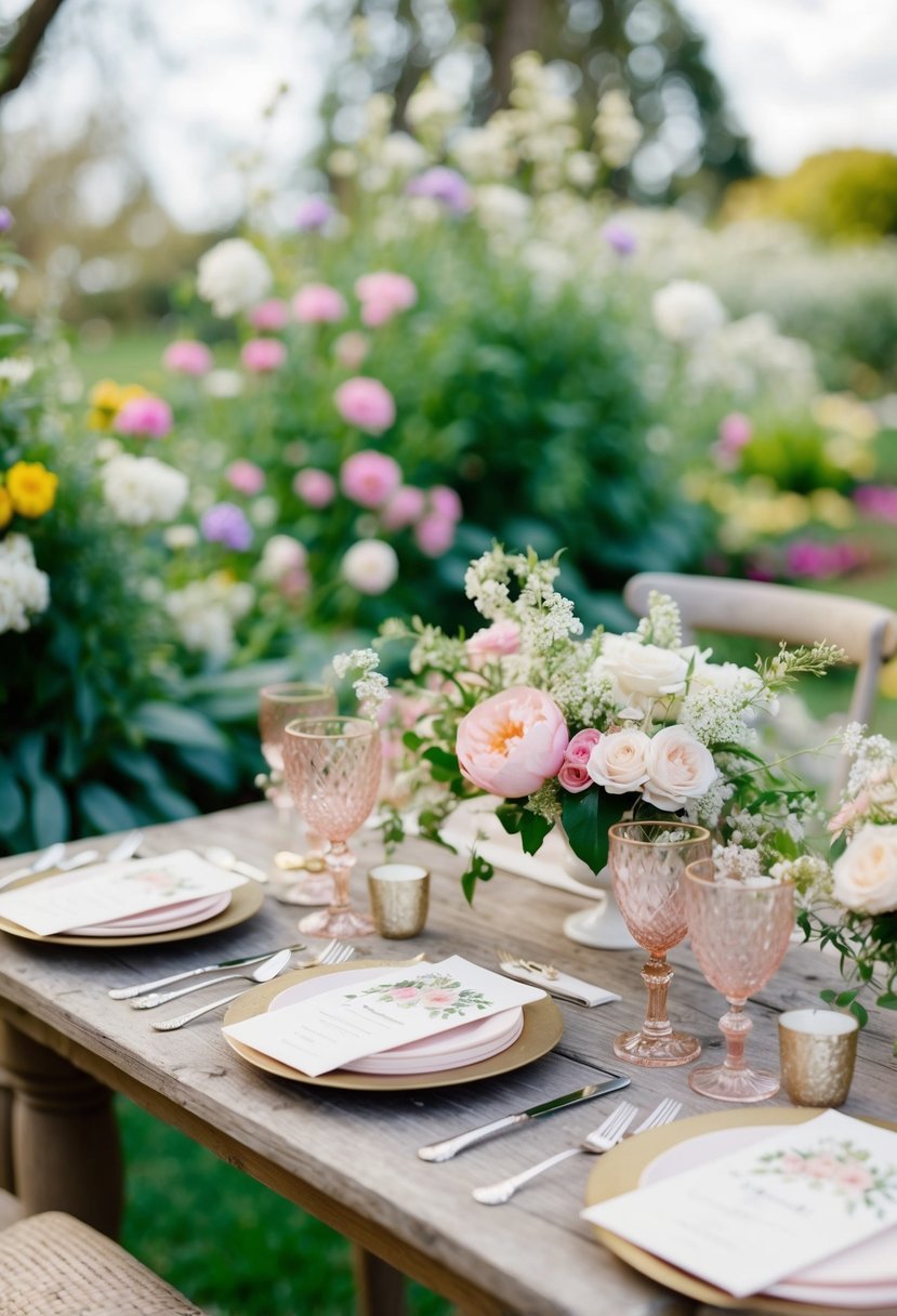 A charming garden setting with blooming flowers, a rustic wooden table adorned with delicate pastel-colored invitations, and dainty floral arrangements