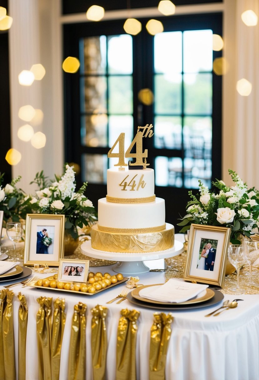 A festive table adorned with gold and white decorations, a large 44th anniversary cake, and a display of framed wedding photos