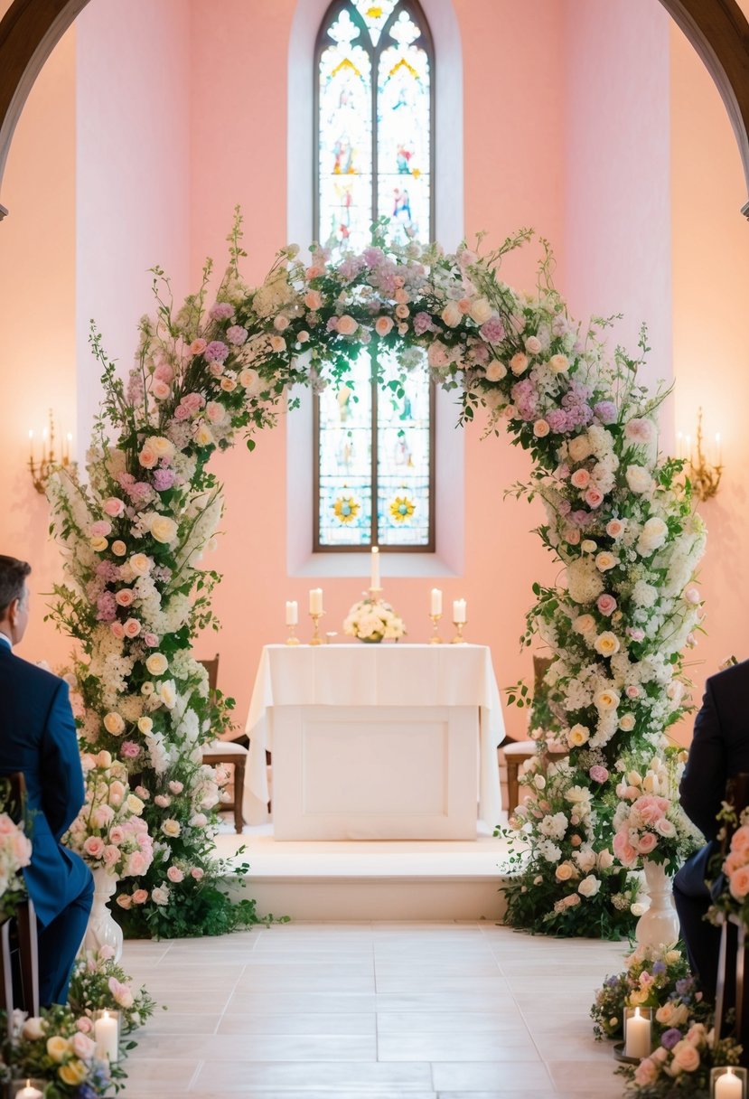 A blooming floral arch frames the altar, radiating pastel hues for an Easter wedding